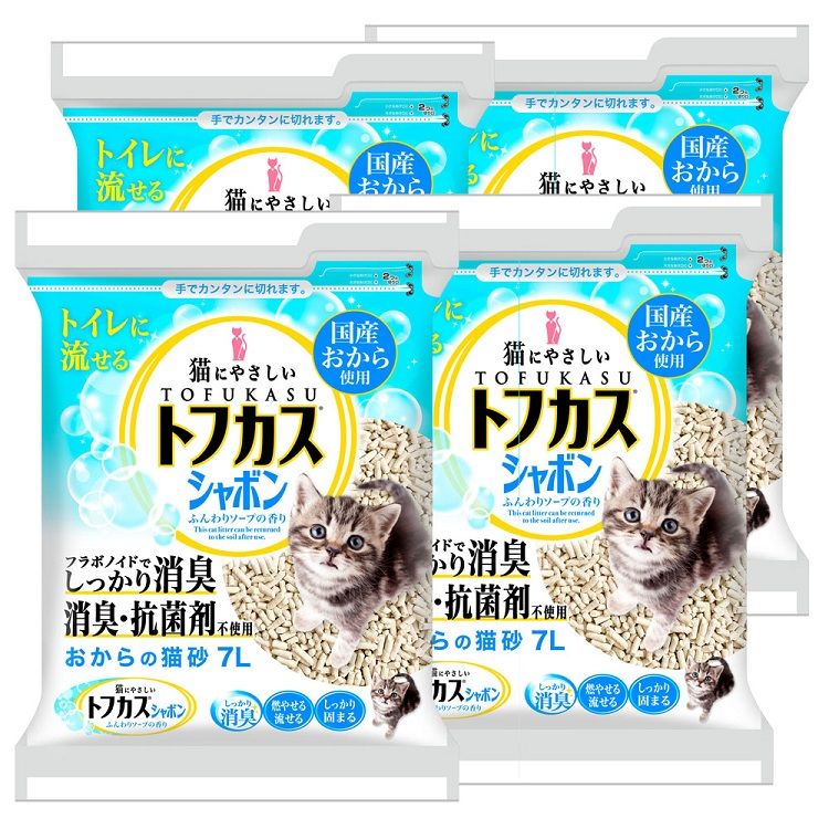 フラボノイドでしっかり消臭！おからを主原料とした猫砂です。しっかりと固まり、ふんわり香るやさしいソープの香りと、おからのフラボノイド効果でしっかり消臭！トイレに流して処理することができます。●内容量：約7L入×4袋●商品サイズ（cm）：幅約34×奥行約52×高さ約13●商品重量：約16kg（1ケース合計）●成分：おから、炭酸カルシウム、コーンスターチ、香料、他●ご使用上の注意：ご使用前にパッケージ裏面の内容をよくご確認の上、ご使用下さい。★関連商品はこちら★★トフカスサンド（ケース販売）★トフカスシャイン（ケース販売）★トフカスW（ケース販売）（検索用：ペット用品 フラボノイド効果 しっかり消臭 消臭・抗菌材不使用 トイレに流せる 優しいソープの香り しっかり固まる ペレット型 4997438711270） あす楽対象商品に関するご案内 あす楽対象商品・対象地域に該当する場合はあす楽マークがご注文カゴ近くに表示されます。 詳細は注文カゴ近くにございます【配送方法と送料・あす楽利用条件を見る】よりご確認ください。 あす楽可能なお支払方法は【クレジットカード、代金引換、全額ポイント支払い】のみとなります。 下記の場合はあす楽対象外となります。 15点以上ご購入いただいた場合 時間指定がある場合 ご注文時備考欄にご記入がある場合 決済処理にお時間を頂戴する場合 郵便番号や住所に誤りがある場合 あす楽対象外の商品とご一緒にご注文いただいた場合※クーポンは【こちらのバナーが掲載されている商品のみに使用できる】ものとなります。予めご了承くださいませ。