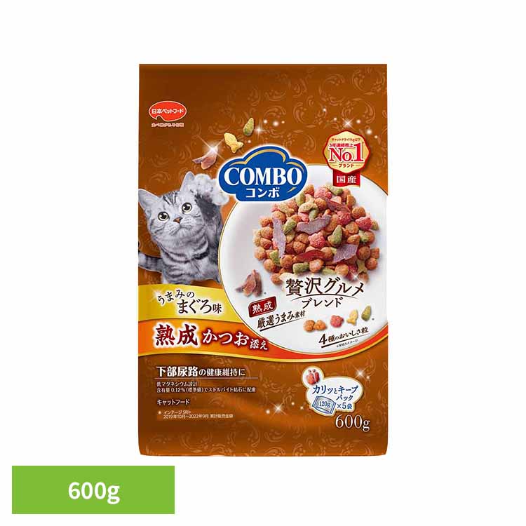 乐天商城 - キャットフード ドライ コンボ 猫 キャット まぐろ味・熟成かつお添え 600g 小分け 子猫 成猫 シニア 全成長段階猫用総合栄養食 下部尿路 低マグネシウム ストルバイト結石に配慮 健康維持 日本ペットフード 猫ご飯 *