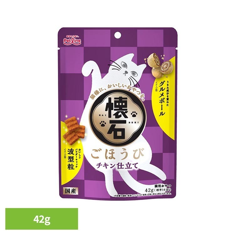 贅沢な味わいのチキン仕立て。猫様の大好きな風味に仕上げました。※リニューアルに伴い、パッケージ・内容等予告なく変更する場合がございます。予めご了承ください。●内容量3g×14袋●原材料穀類（とうもろこし、小麦粉、コーングルテンミール、玄米）、肉類（ミートミール、チキンミール、チキンレバーパウダー、チキンパウダー、チキンエキスパウダー）、油脂類（動物性油脂、植物性油脂）、豆類（脱脂大豆）、寒梅粉（でん粉、もち米粉）、糖類（砂糖）、魚介類（フィッシュエキス、まぐろ節粉末、カニエキスパウダー）、セレン酵母、ビタミン類（A、D3、E、K3、B1、B2、パントテン酸、ナイアシン、B6、葉酸、ビオチン、B12、コリン、イノシトール）、ミネラル類（カルシウム、リン、ナトリウム、カリウム、塩素、鉄、コバルト、銅、マンガン、亜鉛、ヨウ素）、アミノ酸類（メチオニン、タウリン）、クチナシ色素、酸化防止剤（ローズマリー抽出物、ミックストコフェロール）、膨張剤●成分［たんぱく質］24.0％以上［脂質］7.5％以上［粗繊維］4.0％以下［灰分］9.0％以下［水分］10.0％以下［リン］0.7％標準値［ナトリウム］0.7％標準値［マグネシウム］0.1％標準値［エネルギー］約350kcal／100g（検索用：キャットフード おやつ 成猫用 おやつ チキン仕立て 健康維持 小分けパック ご褒美 4902418004709）最強翌日配送対象商品に関するご案内 最強翌日配送対象商品・対象地域に該当する場合は最強翌日配送マークがご注文カゴ近くに表示されます。 最強翌日配送可能なお支払方法は【クレジットカード、代金引換、全額ポイント支払い】のみとなります。 下記の場合は最強翌日配送対象外となります。 ・15点以上ご購入いただいた場合 ・時間指定がある場合 ・ご注文時備考欄にご記入がある場合 ・決済処理にお時間を頂戴する場合 ・郵便番号や住所に誤りがある場合 ・最強翌日配送対象外の商品とご一緒にご注文いただいた場合 ・お届け先住所文字数が40文字以上の場合【置き配規約について】