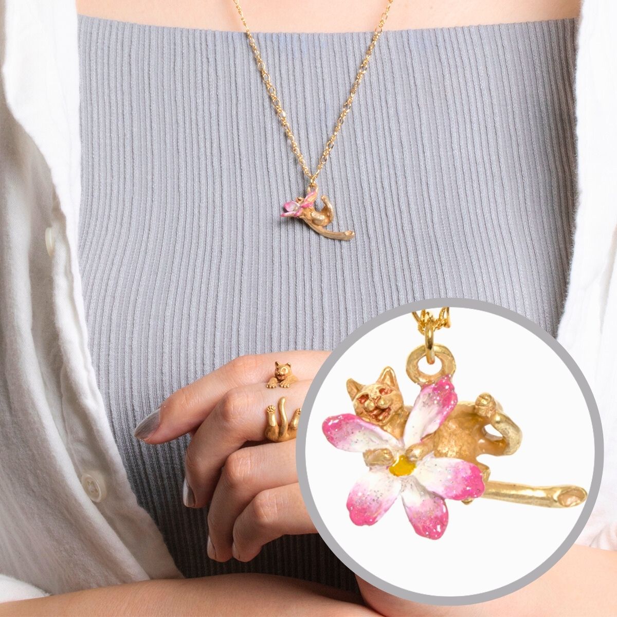 【送料無料◎特別な誕生日ギフトに】 日本製 むぎゅっと 猫ペンダント ネックレス 真鍮 ゴールド 猫アクセサリー 猫モチーフ 猫グッズ 猫好きさん プレゼント プチギフト【Xmas・クリスマス】