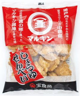 小豆島　マルキン醤油を使用した揚げせんべいです。 昔ながらの味でサクッとした口どけのよさが特徴です。 ◆内容量　　　　　　　　　　　　　　110g ◆賞味期限　　　　　　　　　　　　4ヶ月 ◆JANコード　　　　　4904768123154 ◆アレルギー情報　　大豆・小麦・りんご ◆入り数　　　　　　　　　　8袋入×4合 栄養成分表示 100g当り エネルギー（kcal）　　　　　　　　526 たんぱく質（g）　　　　　　　　　　　4.2 脂質（g）　　　　　　　　　　　　　　29.4 炭水化物（g）　　　　　　　　　　　61.2 食塩相当（g）　　　　　　　　　　　　1.9