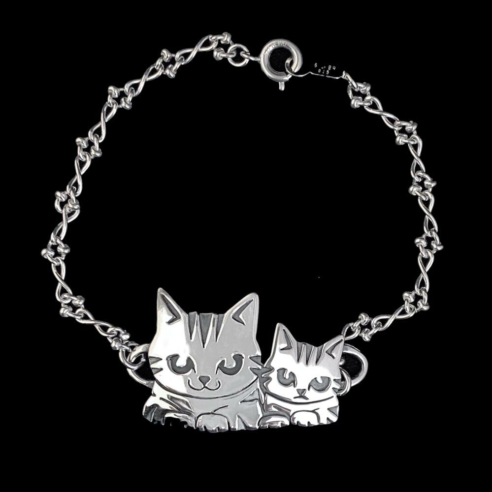 シルバー ハンドメイド チェーンブレスレット 猫 アクセサリー 「なかよし母子」【ネックレス】