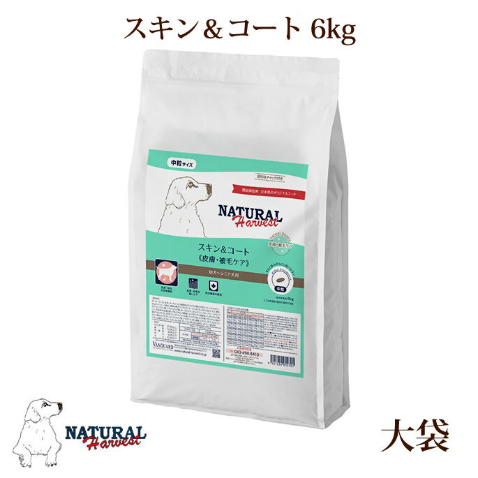 【割引クーポン配布中】犬 全年齢 スキン&コート 6kg 大袋 皮膚 被毛 ケア NEWパッケージ ナチュラルハーベスト 犬用 ドライフード 無添加 ドッグフー...