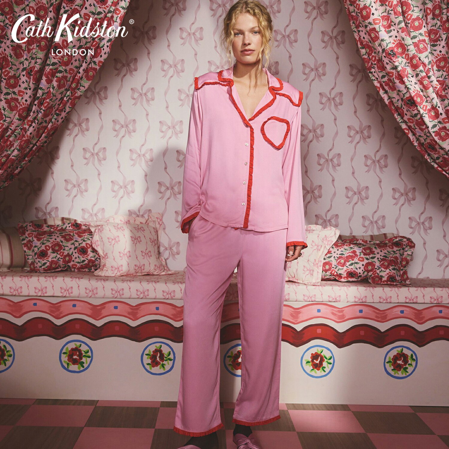 キャス キッドソン 公式 ボタン フリルハートパジャマ 日本公式 / パジャマ レディース 上下セット 入院 ピンク 無地 前開き ルームウェア かわいい 長袖 ロングパンツ 長袖パジャマ Cath Kidston CathKidston n251101