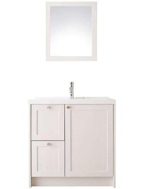 おしゃれな無垢の木と人工大理石の洗面化粧台とミラーのセット【WB-005】間口775mm　奥行600mm　片引き出し仕様　扉カラー：ホワイト色　取手：ステンレスつまみ　WOOD ONE[ウッドワン]