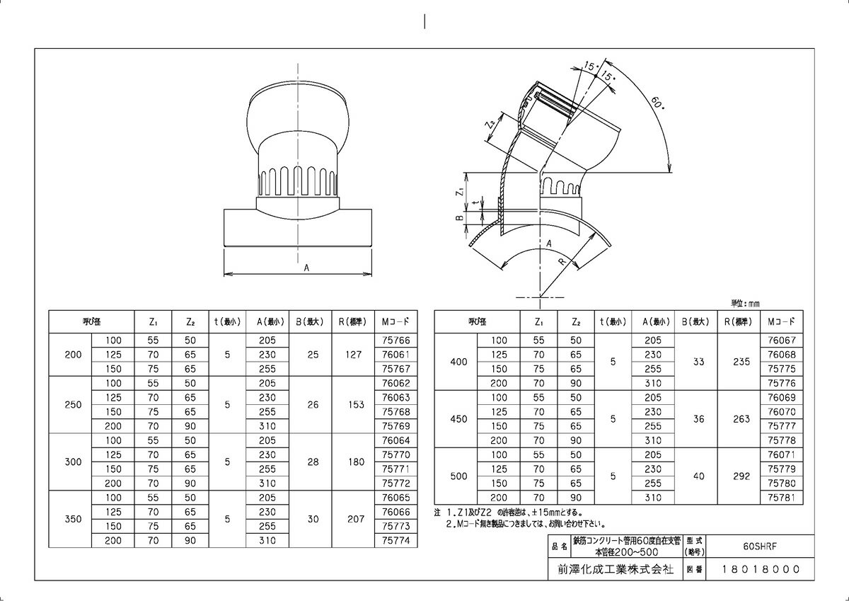 下水道関連製品 下水道継手 自在支管 ヒューム管用60度自在支管 60SHRF 60SHRF250-150 Mコード:75768 (前澤化成工業、積水、東栄管機 他) 配管部品,管材 【純正品】 2