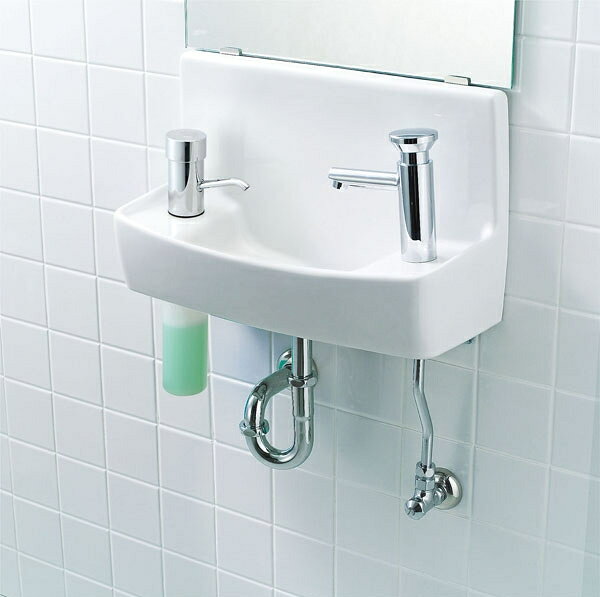 【L-A74H2D】INAX　トイレ用手洗い器　 ハンドル水栓　水石けん入れ付タイプ　 床給水・壁排水　ハイパーキラミック ■ハンドル水栓 　シンプルで掃除しやすいハンドル式です。 ■水石けんは、泡立ちの良いムースタイプ 　液状と比べ、1回の使用量を削減。 ■画像の水栓はセルフストップ水栓タイプです ■寸法：460×200×275 ■水栓金具・排水トラップ・排水バルブ・止水栓は 　付属しています。 ■カラーバリエーション 　 　※BB7(ブルーグレー)とLR8(ピンク)は 　注文生産品で納期は約3週間です。 ■その他の給排水タイプはこちら L-A74H2C(壁給水・壁排水) L-A74H2A(壁給水・床排水） L-A74H2B(床給水・床排水） ■L-A74専用オプションはこちら A-5303(トラップカバー　ロング) A-5302(トラップカバー　ショート) A74H2D　l-a74h2d　la74h2dご不在時の商品配達のご連絡のため、電話番号はなるべく携帯電話の番号を入力してください。&nbsp;