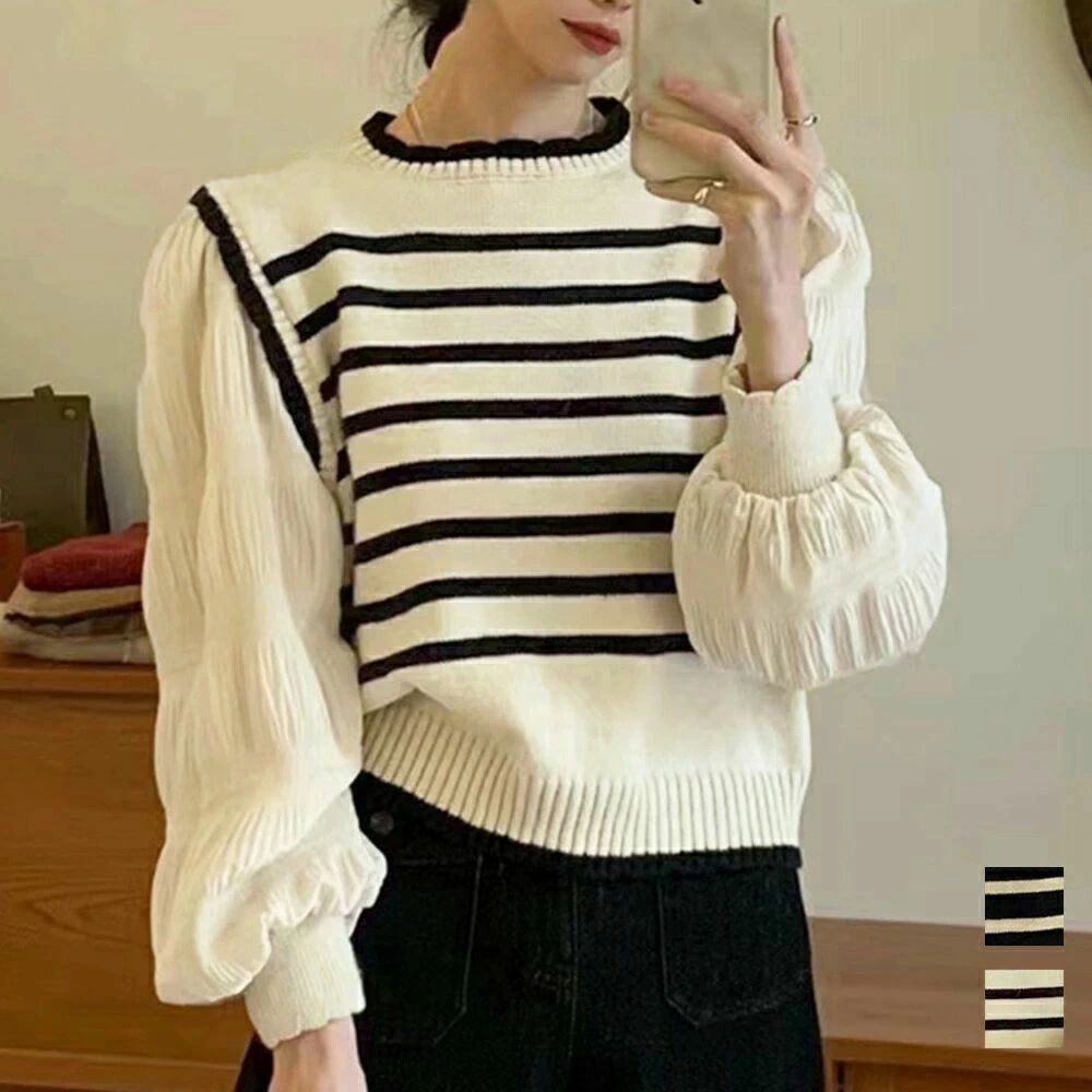 異素材ドッキングニットセーターレディース 切り替えニットトップス ボーダー柄 ニットプルオーバー長..