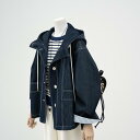 ダークネイビーのカジュアルなデザイン性豊かなストライプ柄切り替えフード付きアウター レディース 春物 韓国風ゆったりオーバーサイズトレンドファッション
