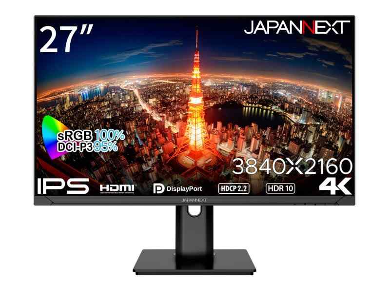 JAPANNEXT 27インチ モニター 4K UHD 3840x2160解像度 IPS ディスプレイ (HDMI/DisplayPort/スピーカー内蔵/高さ調節/回転(ピボット)機能/VESA対応/ブルーライトカット) JN-IPS2710UHDR-