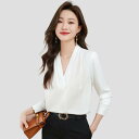 Vネック 白 ホワイト シフォン ブラウス トップス シャツ 女性用 婦人服 レディース ゆったり ルーズフィット 緩め 春 秋 オフィス 通勤 仕事 ビジネス 事務服 フォーマル スーツ セットアップ 上品 エレガント