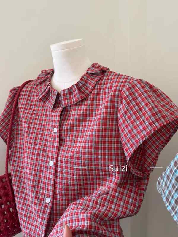 レディース 婦人服 チェック柄 シャツ ブラウス 半袖 丸首 ラウンドネック