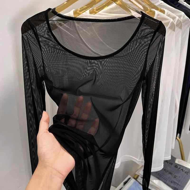 女性用 レディース インナー トップス 極薄 アイスシルク UVカット 日焼け防止 シースルー メッシュ レース ローネック 長袖 黒 夏用