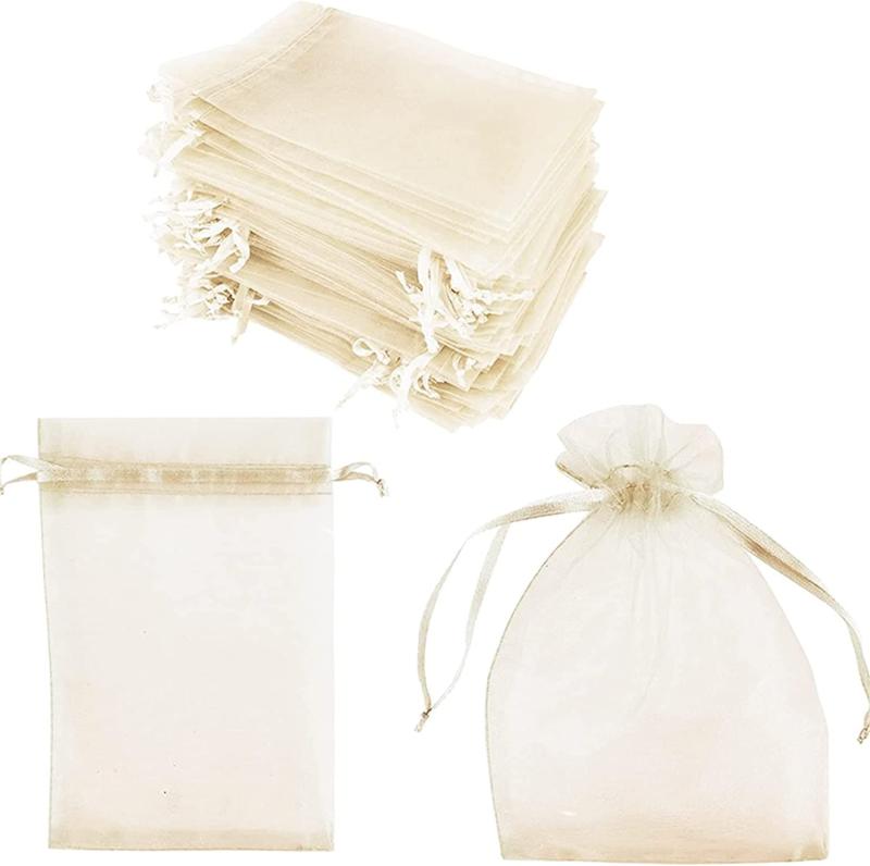 Coollooda 巾着袋オーガンジーラッピング袋 無地 透明 小 誕生日 結婚式 サシェ用バッグ プレゼント プチギフト ジュエリー アクセサリー お菓子 小物入れ 50枚 10cm X 12cm（オフホワイト）