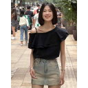 女性用 サマー シフォン フリル ワンショルダー アシンメトリー デザイン ブラウス トップス ゆったり ルーズフィット 個性的 着痩せ効果 細見え スタイルアップ 着回し万能 デイリー シャツ