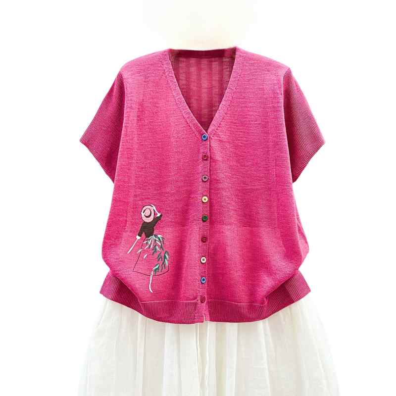 レディース 女性用 ゆったり 大きいサイズ 半袖 ショート丈 竹繊維 リネン スラブ麻 薄手 UVカット 紫外線対策 日焼け防止 冷房対策 ニットカーディガン サマーカーディガン 羽織り カラフルボタン 配色ボタン