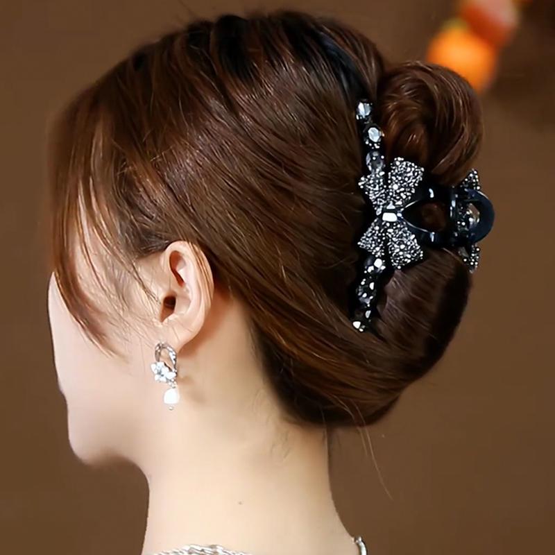 レディース 黒 ブラック 上品 ラインストーン リボン 蝶結び バンスクリップ ヘアクリップ プリンセス風 髪飾り ヘアアクセサリー