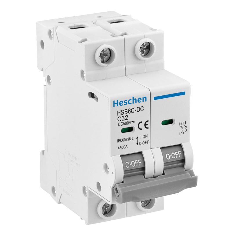 Heschen DC ミニチュアサーキットブレーカー, HSB6C-DC, 2 極, DC500V 32A, ソーラーパネルコントローラーに使ってます, 太陽光発電システムソーラーパネルグリッドシステム用, 35mm DIN レール取り付