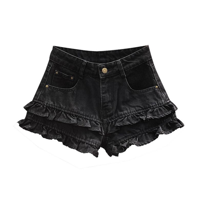ブラック ハイウエスト ハイライズ デニム ショートパンツ ジーンズ 短パン レディース 夏物 トレンド おしゃれ ファッション 個性的 Aライン フリル スカラップ ワイド ホットパンツ 若見え エイジレス(4)