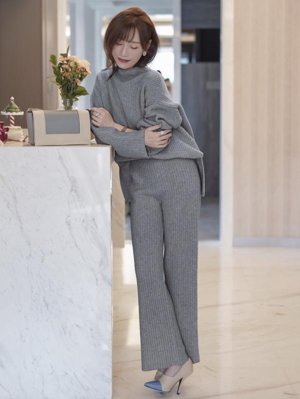 暖か 暖かい ボトルネック 襟元 サイドスリット スリット入り 羊毛 ウール ニット 長袖 セーター トップス ニット パンツ ボトムス ズボン 上下 2点セット ツーピース アンサンブル