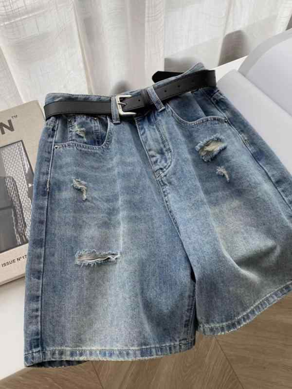 レディース 夏物 デニム ショートパンツ 短パン ダメージ ハイウエスト ゆったり ワイド ルーズ 細見え 着痩せ 大きいサイズ ぽっちゃり 小柄 梨型体型 五分丈 ひざ丈