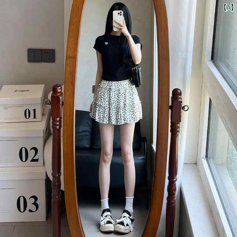 ブラック 小花柄 シフォン ティアード ミニスカート レディース 女性用 夏物 ハイウエスト 着痩せ Aライン 小柄 低身長 スカート ボトムス