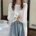 白 ホワイト アイスシルク 長袖 ロングスリーブ Tシャツ レディース 女性用 夏 サマー ゆったり 薄手 UVカット UV対策 日よけ カバーアップ ショート丈 短め トップス(4)