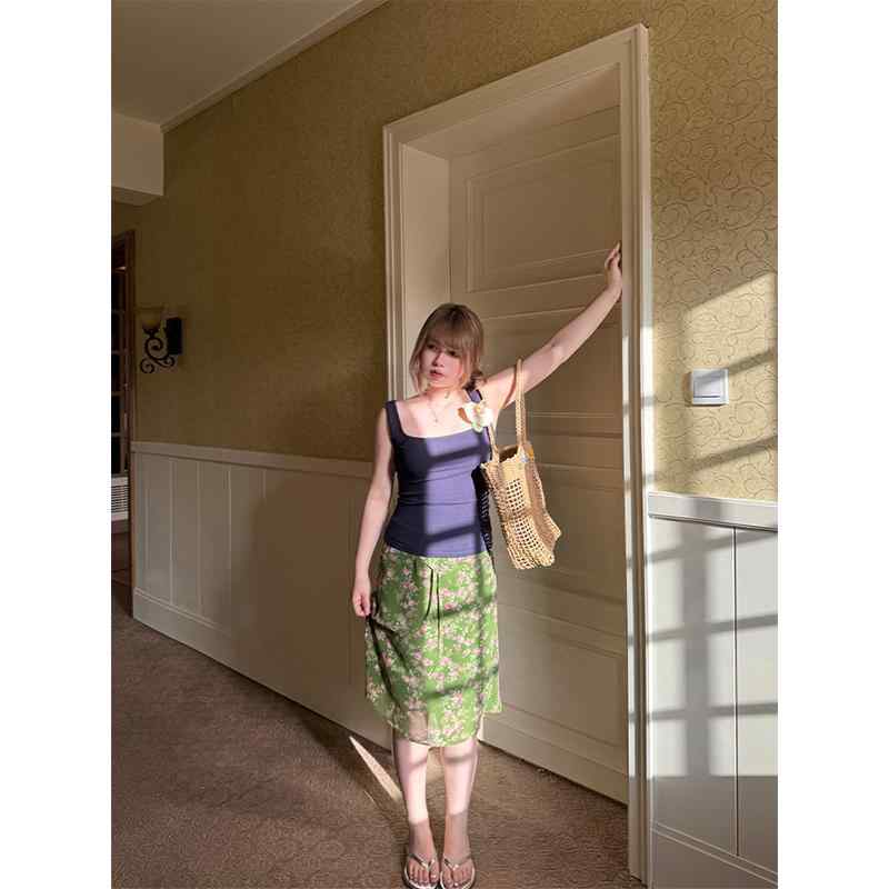 レディース リゾート風 小花柄 ハイウエスト ストレート ミディ丈 スカート