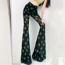 夏用 薄手 メッシュ シアー プリント柄 ワイドフレアパンツ ズボン ハイウエスト 高伸縮 ストレッチ UVカット 日焼け防止 接触冷感 アイスシルク 着痩せ スリム見え(4)