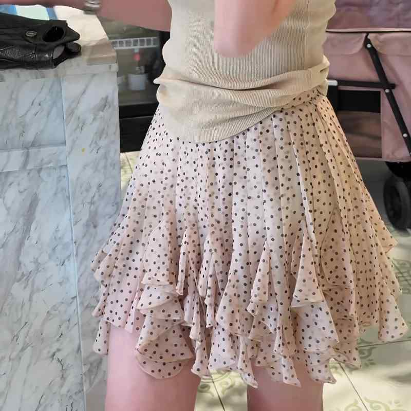 レディース おしゃれ ドット柄 アシンメトリー フリル デザイン ハイウエスト ミニスカート
