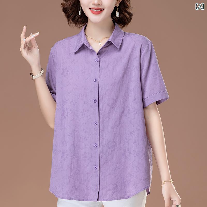 お母さん ミセス シニア向け 夏新作 半袖 綿麻 純綿 ゆったり 大きいサイズ ミドル丈 トップス ブラウス シャツ チュニック