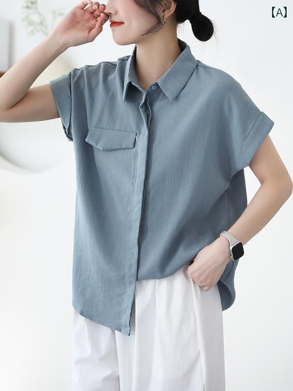 銅ボタン レディース 女性用 綿麻 半袖 開襟シャツ ブラウス 羽織り 夏 薄手 カジュアル ゆったり 着痩..