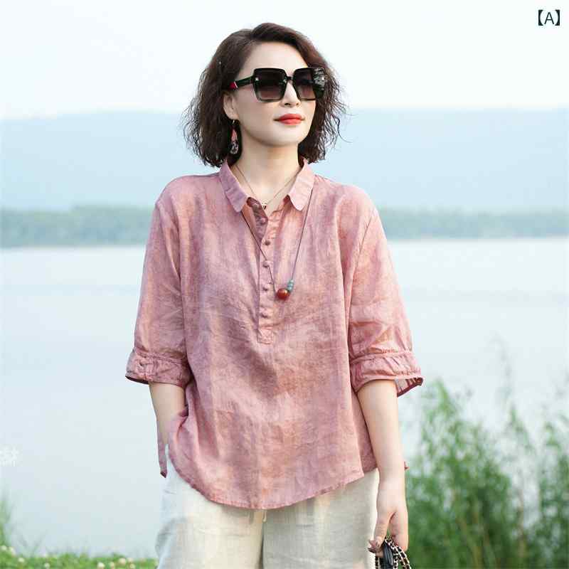 ラミー綿混 半袖 シャツ ブラウス レディース 女性用 ゆったり カジュアル おしゃれ