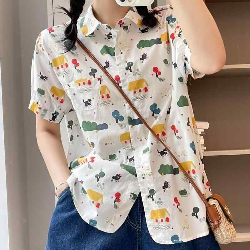 レディース 半袖シャツ ブラウス 夏物 新作 レトロ 若見え 個性的プリント ゆったり 韓国風 カジュアル 着回し抜群 おしゃれ