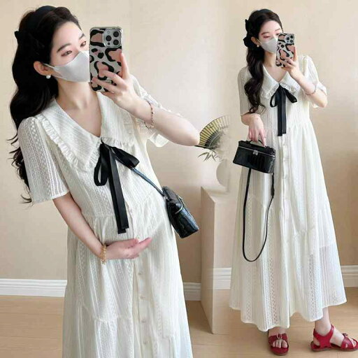 夏物 妊婦服 マタニティウェア 着痩せ ロング丈 ワンピース ドレス 夏コーデ 丸襟 学生風 若見え 夏物 妊婦服 マタニティウェア 着痩せ ロング丈 ワンピース ドレス 夏コーデ 丸襟 学生風 若見え