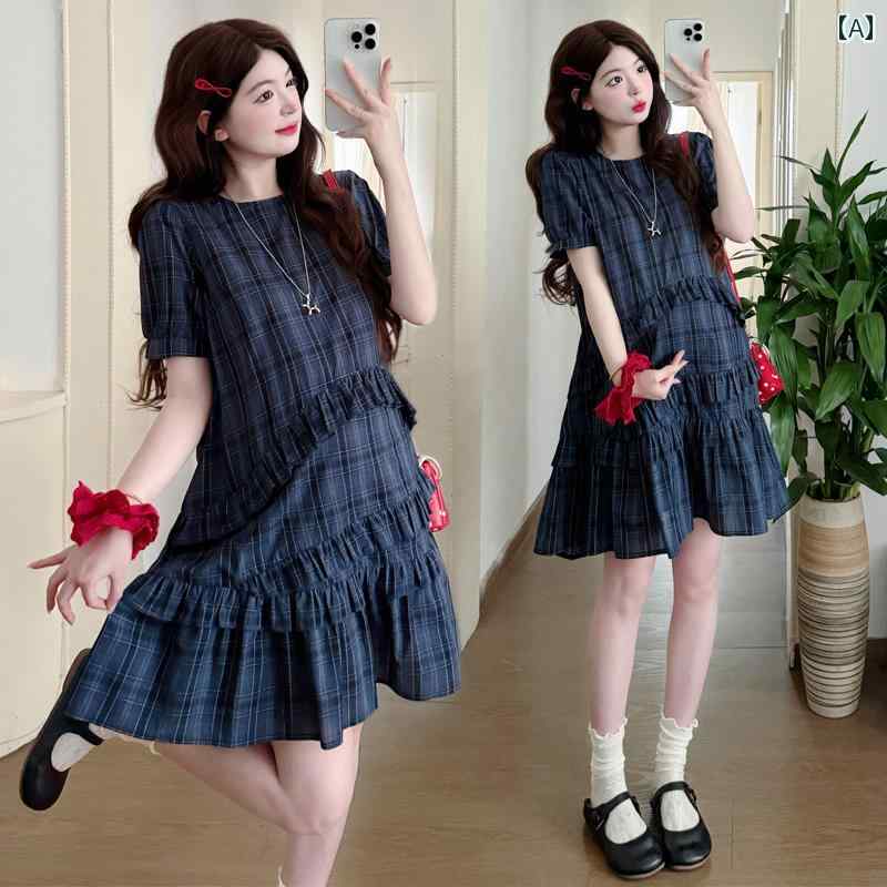 マタニティウェア 妊婦服 夏 サマー 新作 パフスリーブ フレンチスタイル 上品 エレガント チェック柄 ワンピース ドレス レディース 女性用 ゆったり リラックスフィット 楽ちん 着痩せ スタイルアップ ミドル丈 ミディ丈