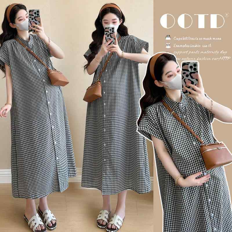 マタニティ 授乳服 夏用 ゆったり リラックス 半袖 チェック柄 膝下丈 シャツワンピース 前開き エレガント 上品
