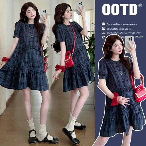 マタニティウェア 妊婦服 夏物 デザイン アシンメトリー フリル チェック柄 ワンピース ドレス 上品 高級感 マタニティウェア 妊婦服 夏物 デザイン アシンメトリー フリル チェック柄 ワンピース ドレス 上品 高級感