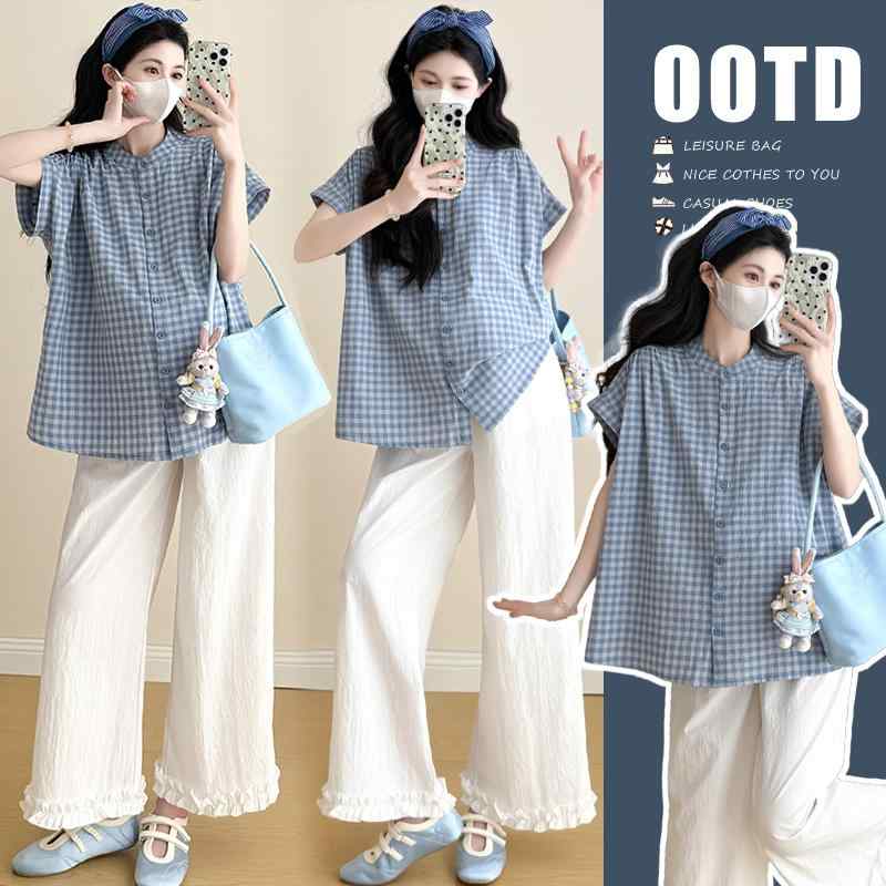 マタニティ 夏用 新作 セットアップ 接触冷感 チェック柄 ブラウス レース ワイドパンツ 上品 エレガント 高見え