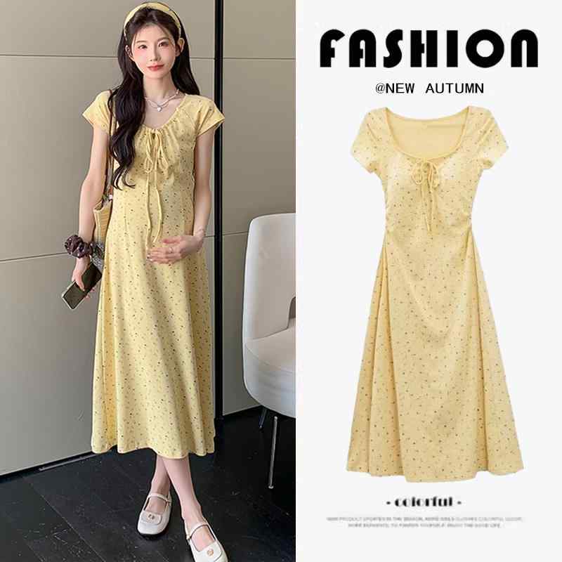 マタニティウェア 夏 ワンピース フレンチスタイル ゆったり 大きいサイズ 綿 小花柄 ニットドレス 妊婦服