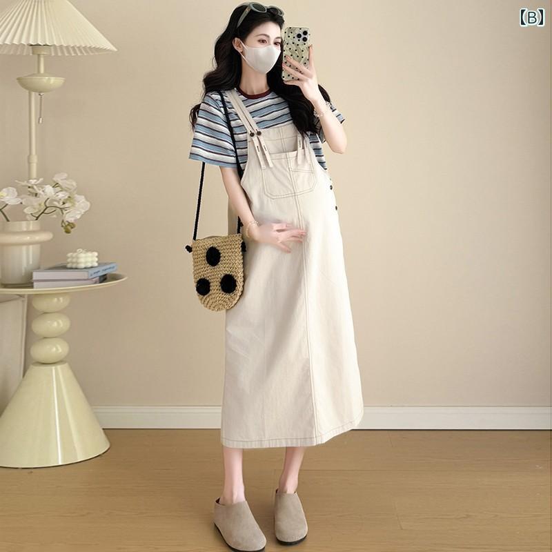 妊婦 マタニティ 夏 フレンチスタイル おしゃれ ファッション ゆったり らくちん 体型カバー お腹カバー サロペット ジャンパースカート ワンピース ドレス 2点セット