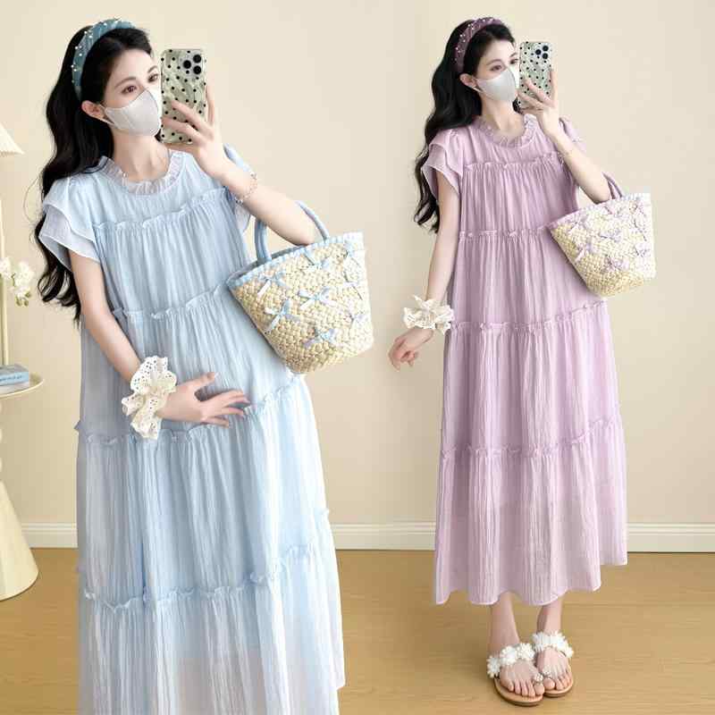 妊婦服 マタニティウェア 夏物 おしゃれ 新作 ラウンドネック 丸首 フリル袖 フレアスリーブ ティアード フリル切り替え ワンピース