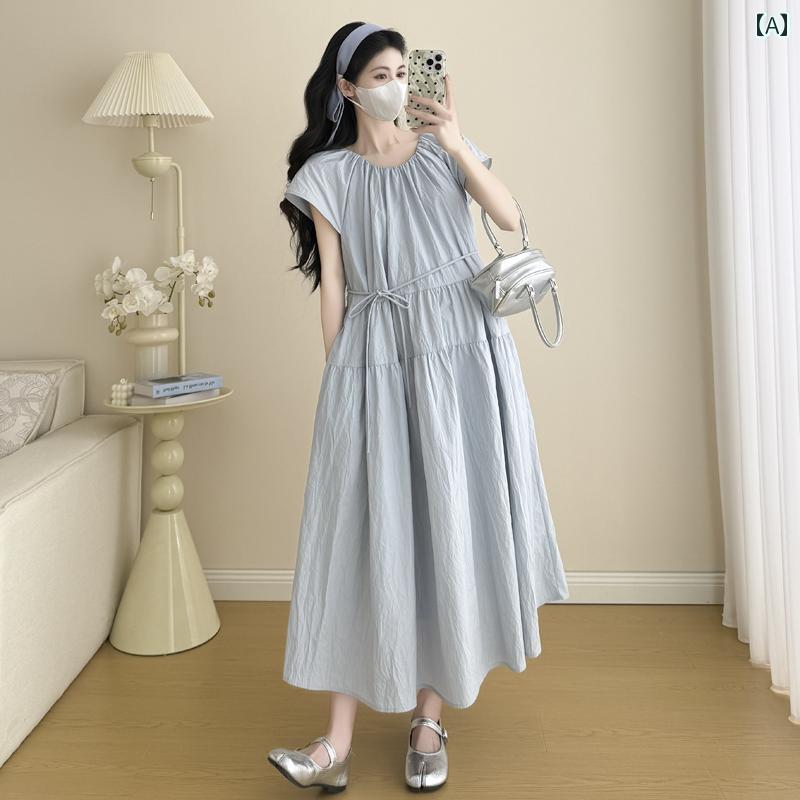 新作 夏物 マタニティ ワンピース ドレス 妊婦服 綿麻 コットンリネン ロング丈 マキシ丈 上品 エレガント フレンチスタイル 高見え