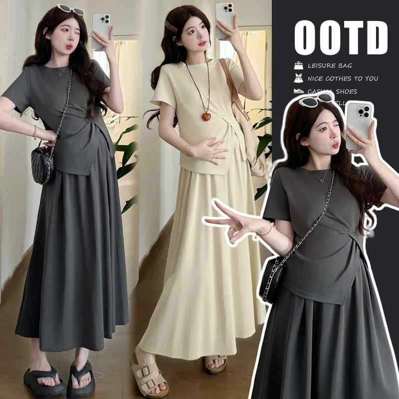 マタニティウェア 妊婦服 夏用 セットアップ 半袖トップス スカート 検診着 高級感 上品 おしゃれ コーデ