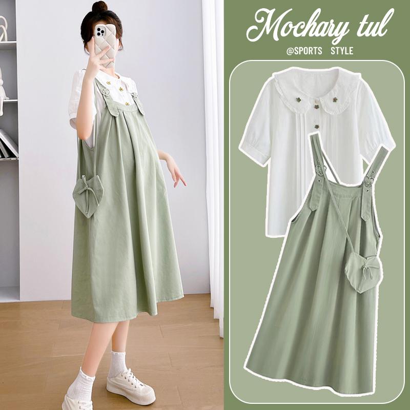 妊婦 マタニティ 夏物 小柄向け サロペットワンピース ジャンパースカート 2点セット