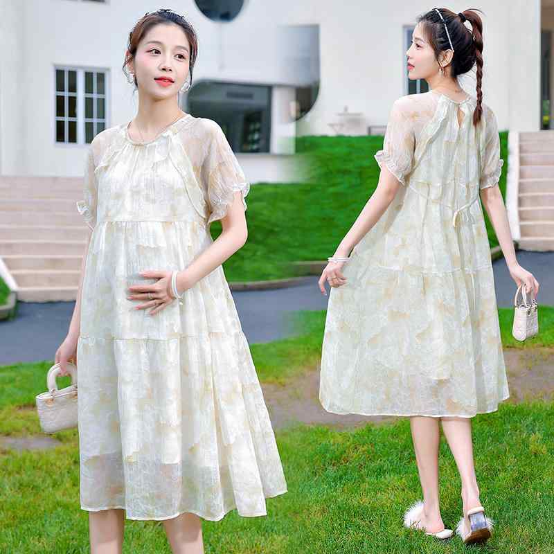 マタニティ ワンピース 夏 新チャイナ風 フリル ラッフル 小花柄 若見え 着痩せ 細見え おしゃれ スタイリッシュ ゆったり リラックスフィット