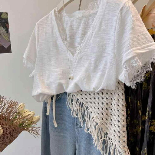 マタニティウェア 着痩せ効果 Vネック レース 涼感 スラブコットン 半袖 Tシャツ レディース 着回し万能 マタニティウェア 着痩せ効果 Vネック レース 涼感 スラブコットン 半袖 Tシャツ レディース 着回し万能