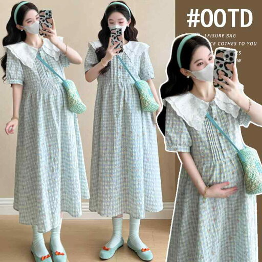 マタニティウェア 妊婦服 夏新作 韓国風 小花柄 チェック柄 丸襟 ミモレ丈 ロングワンピース マタニティウェア 妊婦服 夏新作 韓国風 小花柄 チェック柄 丸襟 ミモレ丈 ロングワンピース