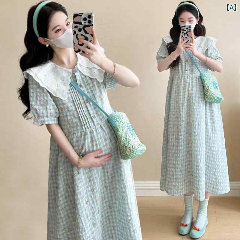 マタニティウェア 妊婦服 夏新作 韓国風 小花柄 チェック柄 丸襟 ミモレ丈 ロングワンピース