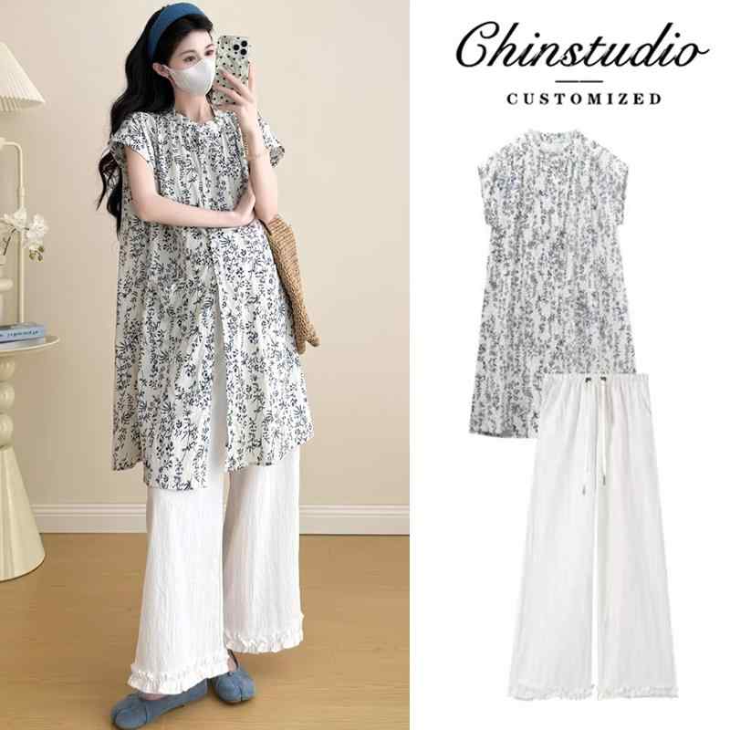 妊婦服 夏 新作 上品 重ね着 セットアップ 小花柄ワンピース トップス ワイドパンツ
